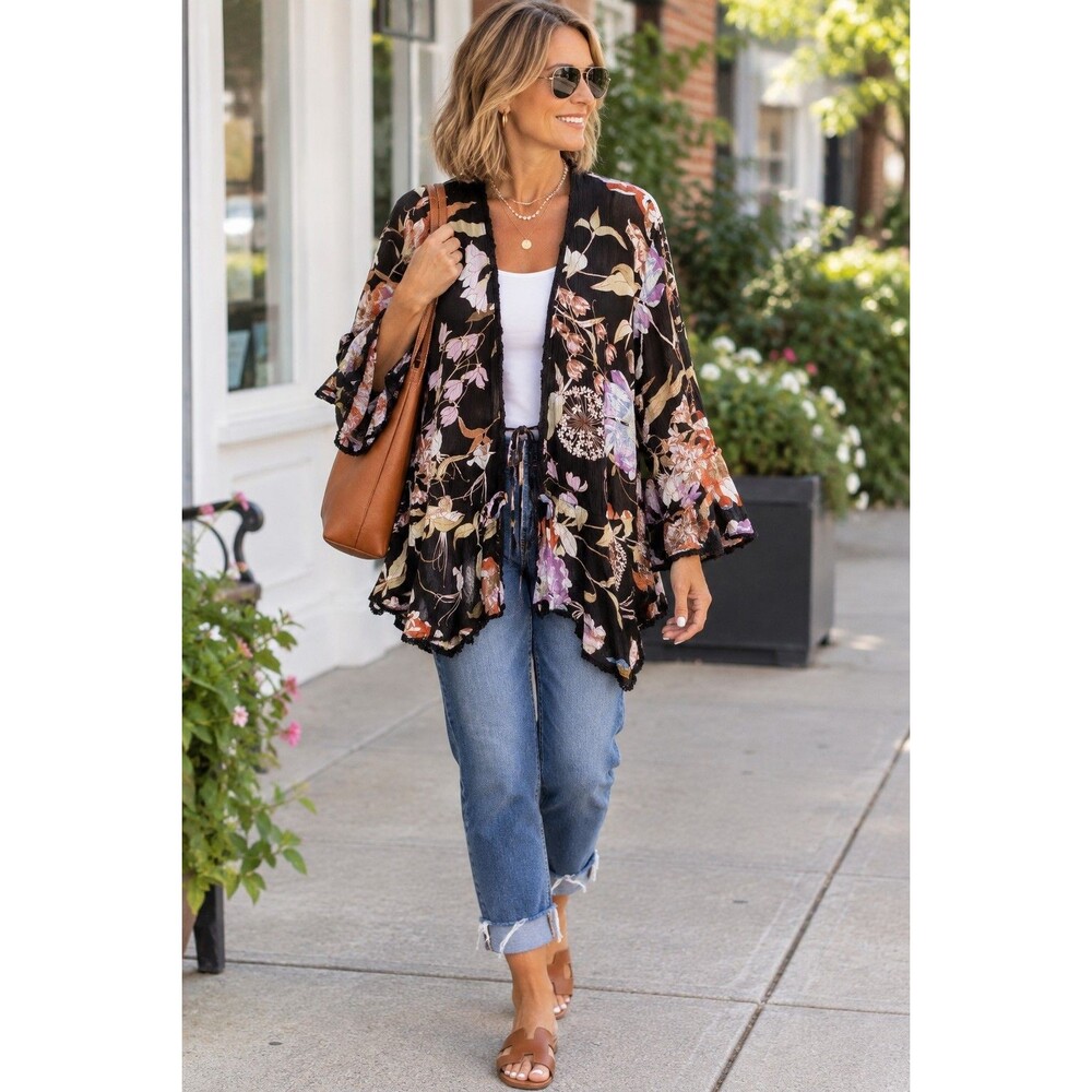 Knox Rose Cardigan Women's XL Blouse Floral Lace Trim Tie Front Bell Sleeve Boho